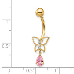 10k W/Dangle Butterfly/Pink Cz Belly Dangle