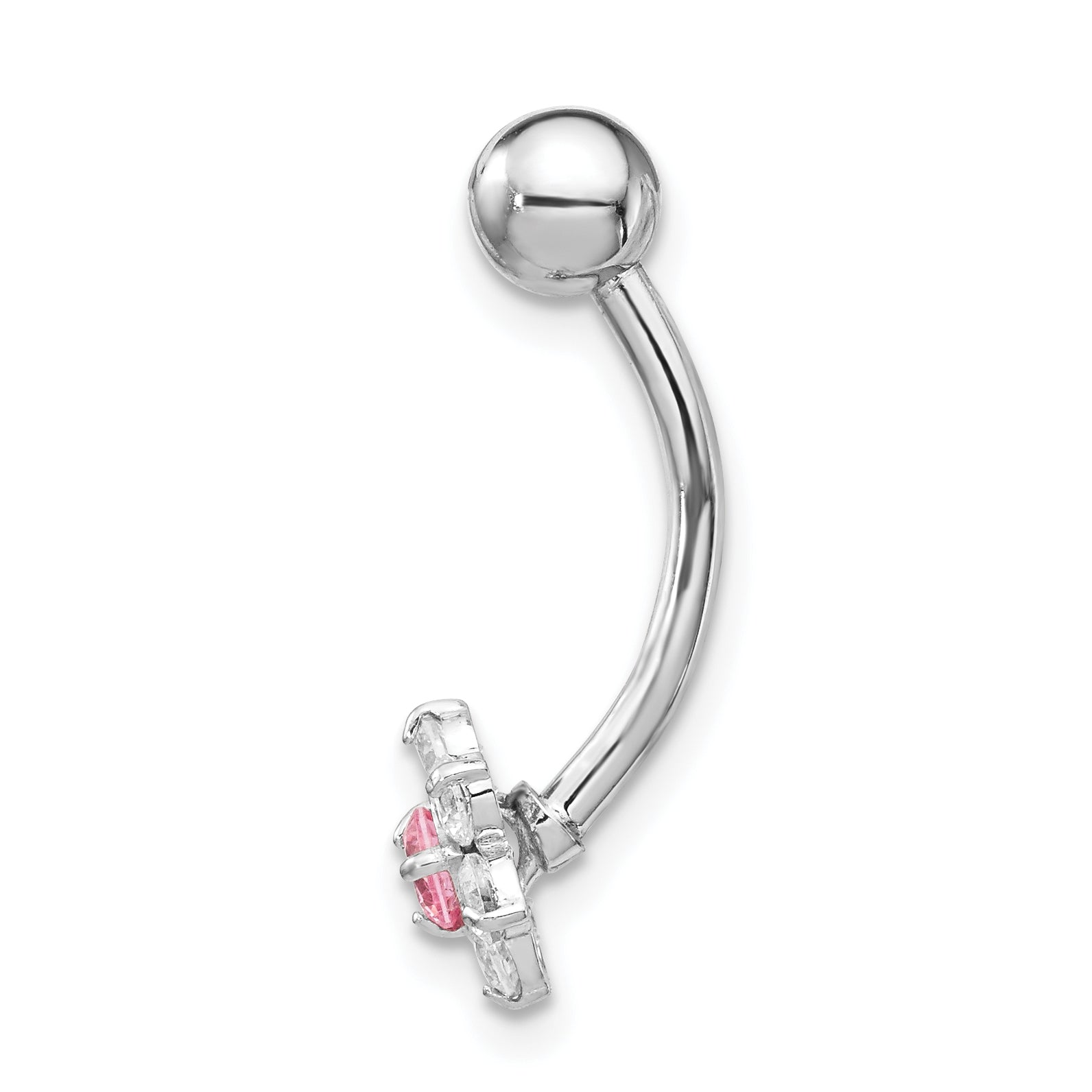 10K White Gold Belly Dangle with Pink CZ Flower Center Secondary image