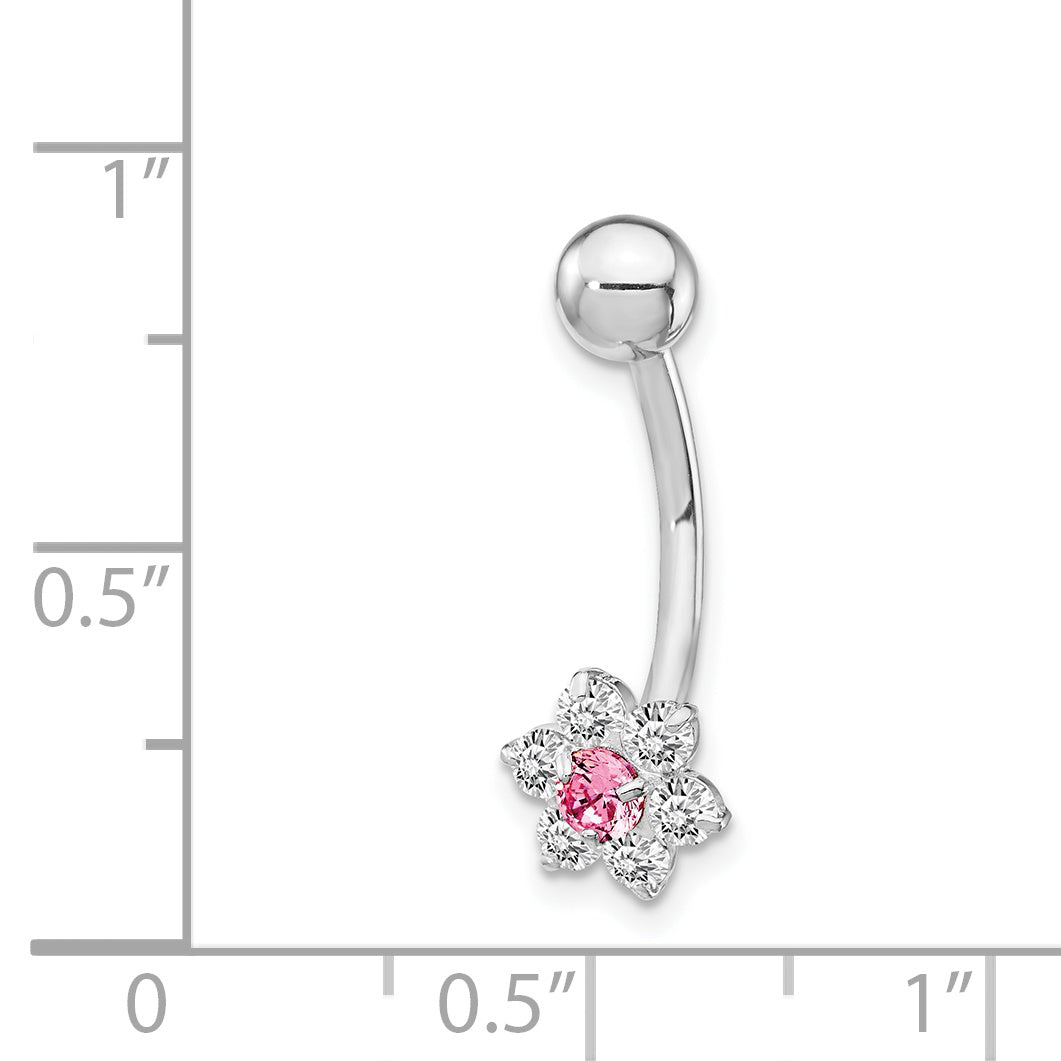 10K White Gold Belly Dangle with Pink CZ Flower Center