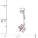 10K White Gold Belly Dangle with Pink CZ Flower Center