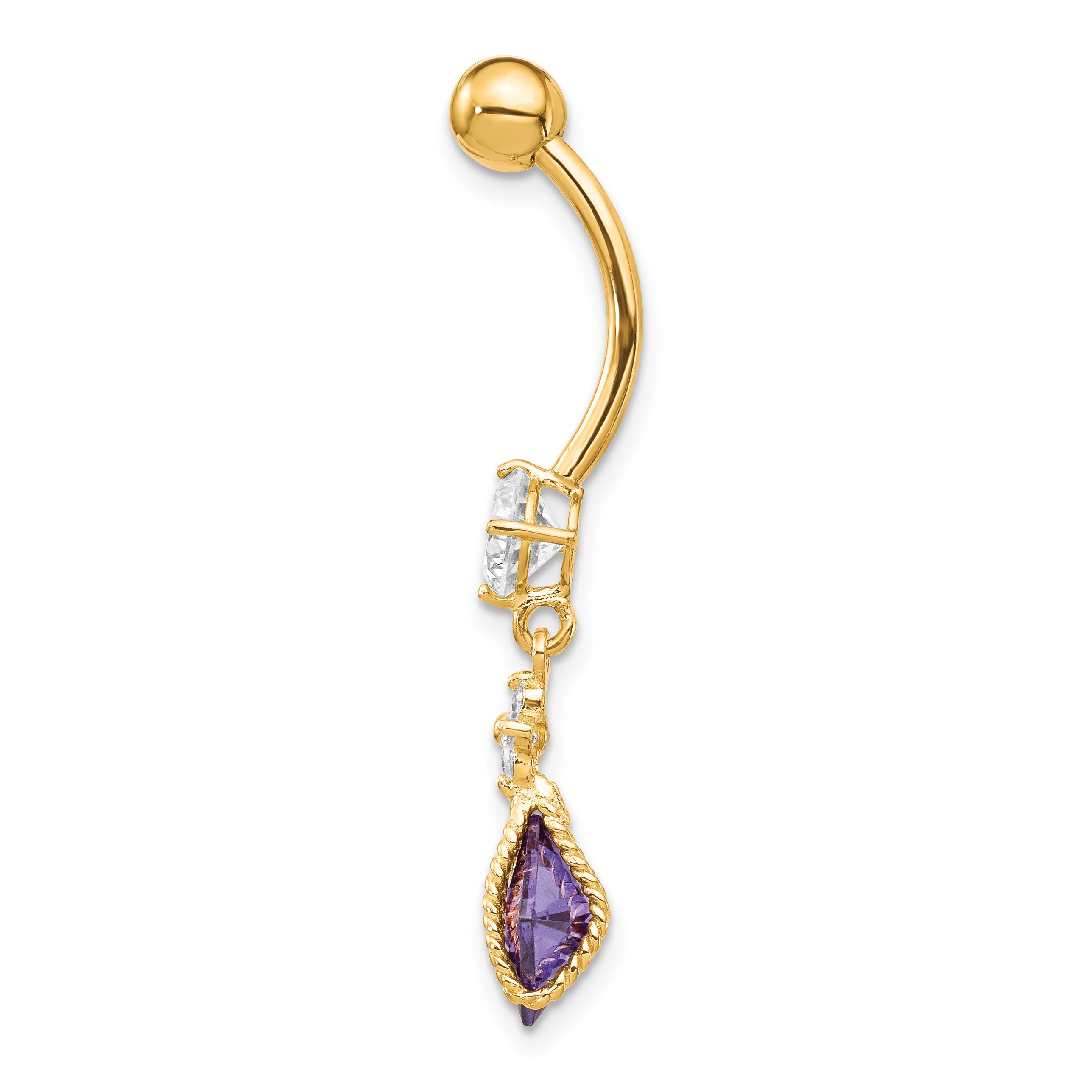 10K Gold Belly Dangle with Square Amethyst and CZ Elegance Secondary image