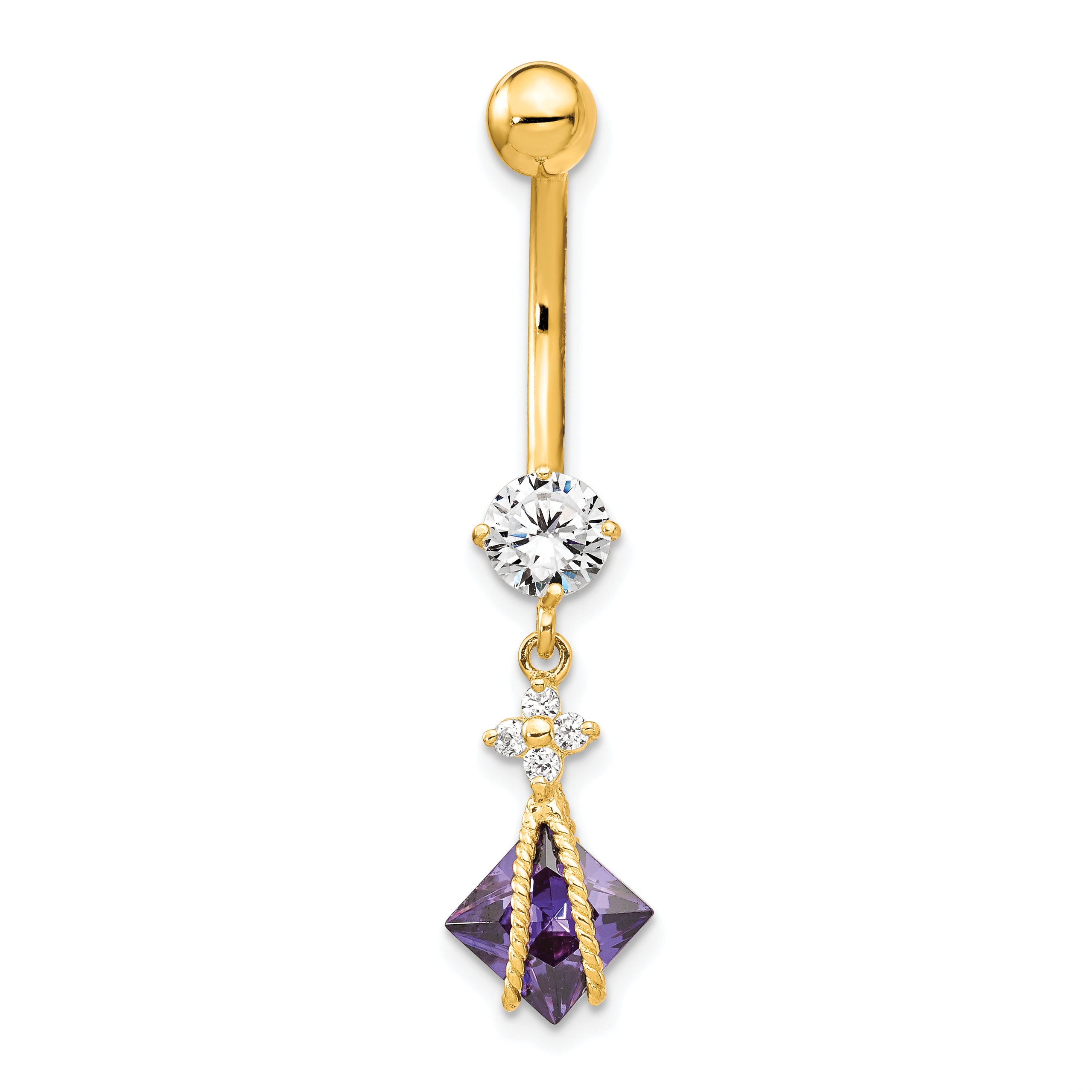 10K Gold Belly Dangle with Square Amethyst and CZ Elegance