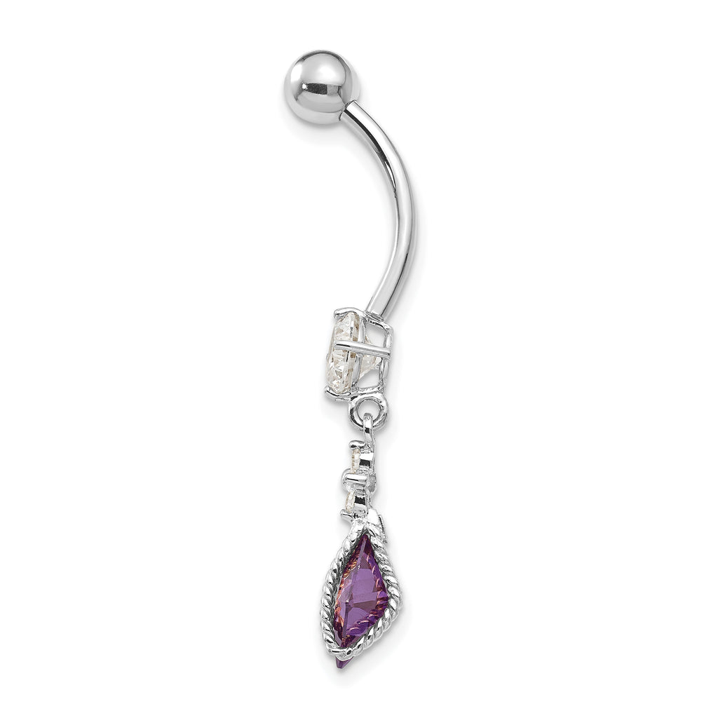 10K White Gold Amethyst CZ Belly Dangle Rhodium-Plated Elegant Design