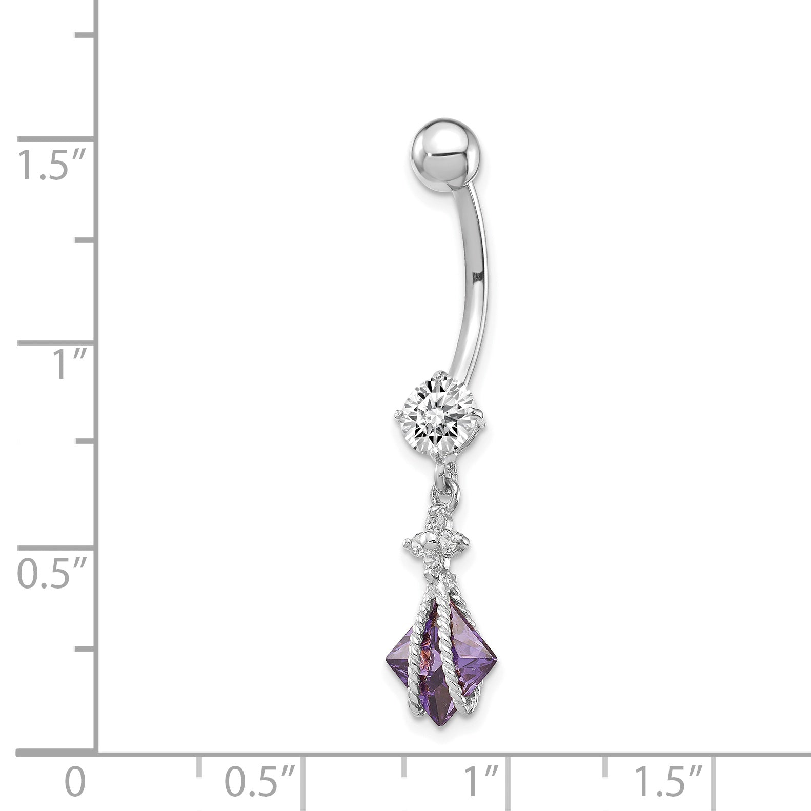 10K White Gold Amethyst CZ Belly Dangle Rhodium-Plated Elegant Design