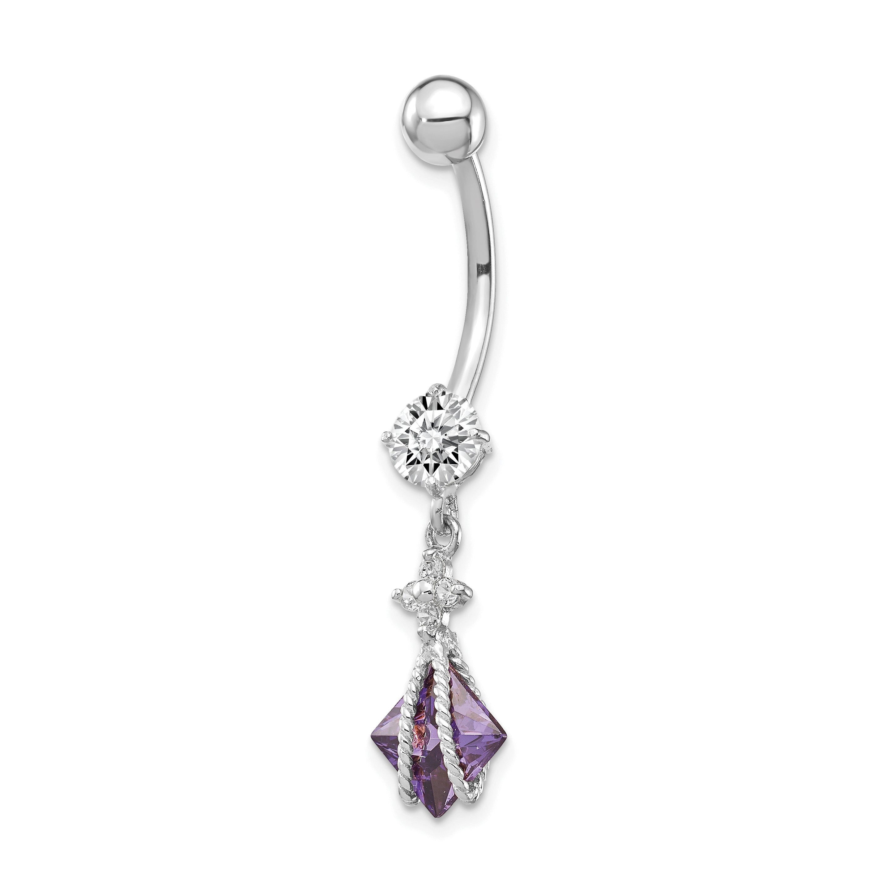 10k White Gold Square Amethyst CZ Belly Dangle Main image