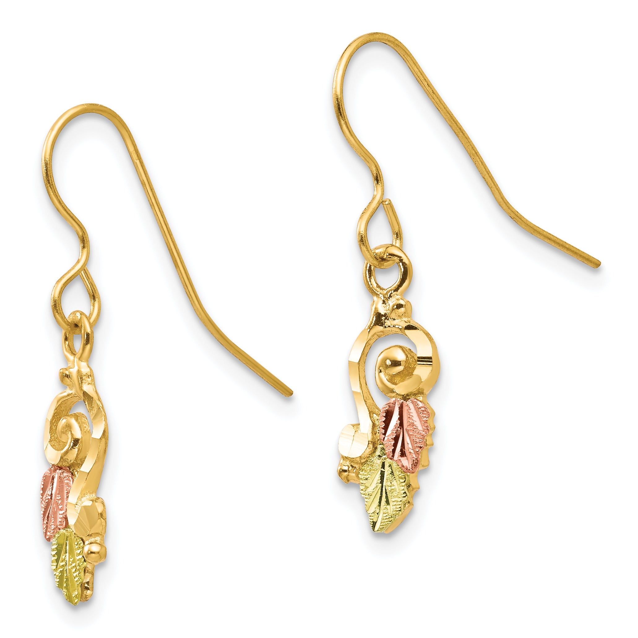 10K Tri-Color Black Hills Gold Dangle Earrings with 12K Accents, Polished Finish