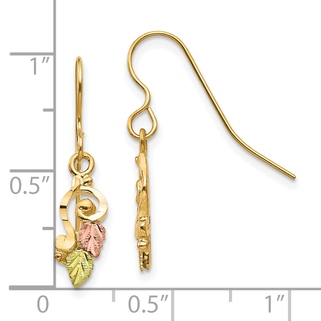 10K Tri-Color Black Hills Gold Dangle Earrings with 12K Accents, Polished Finish