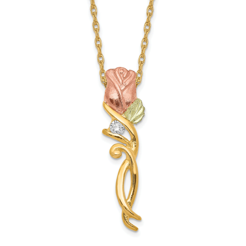 10k Tri-color Black Hills Gold Diamond Rose Necklace
