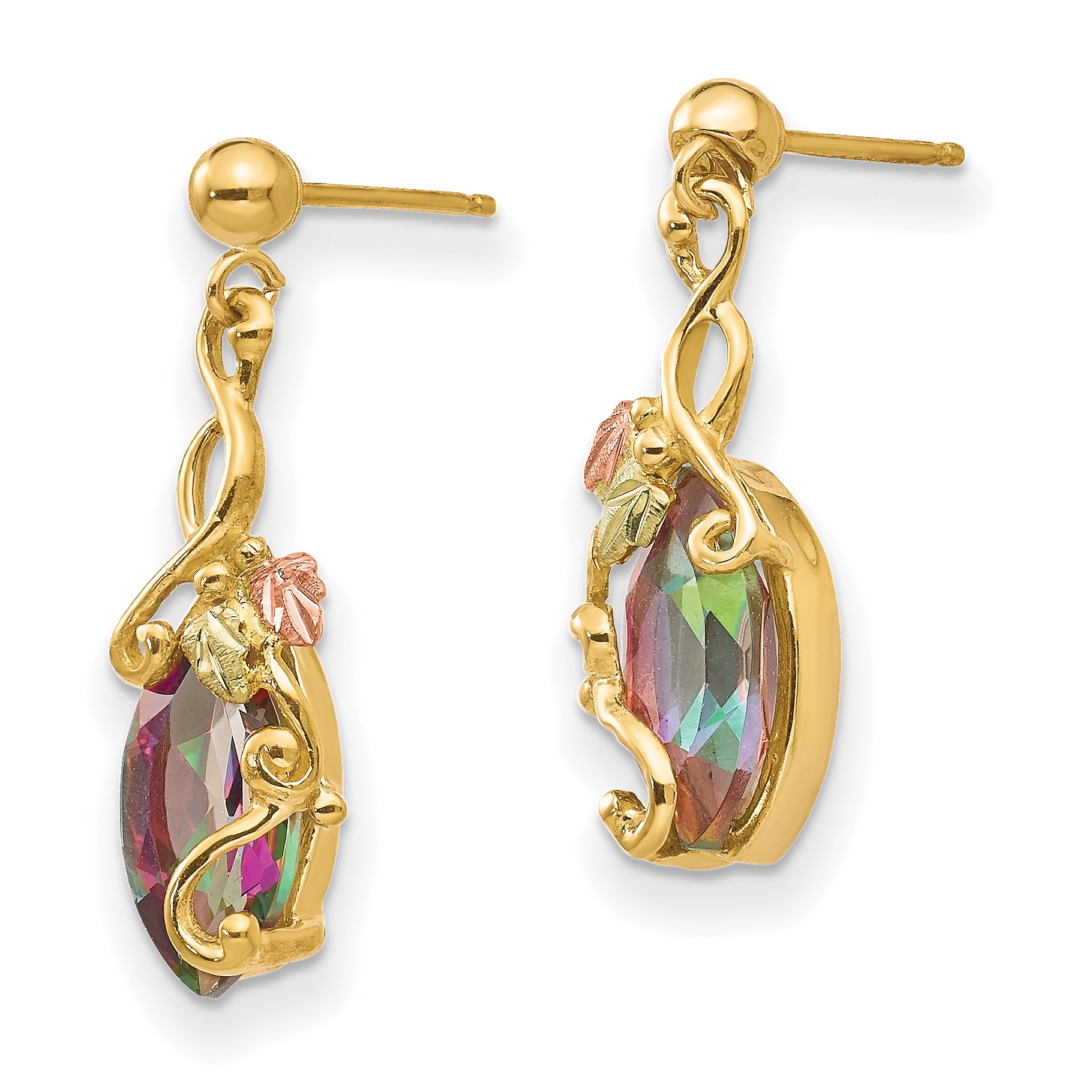 10K Tri-Color Black Hills Gold Mystic Topaz Dangle Earrings Elegant