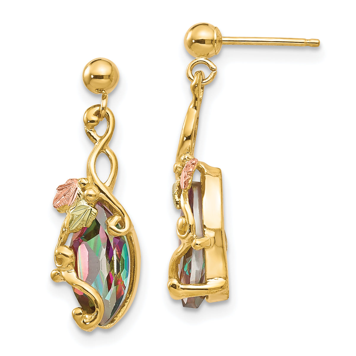 10k Tri-color Black Hills Gold Mystic Topaz Post Dangle Earrings