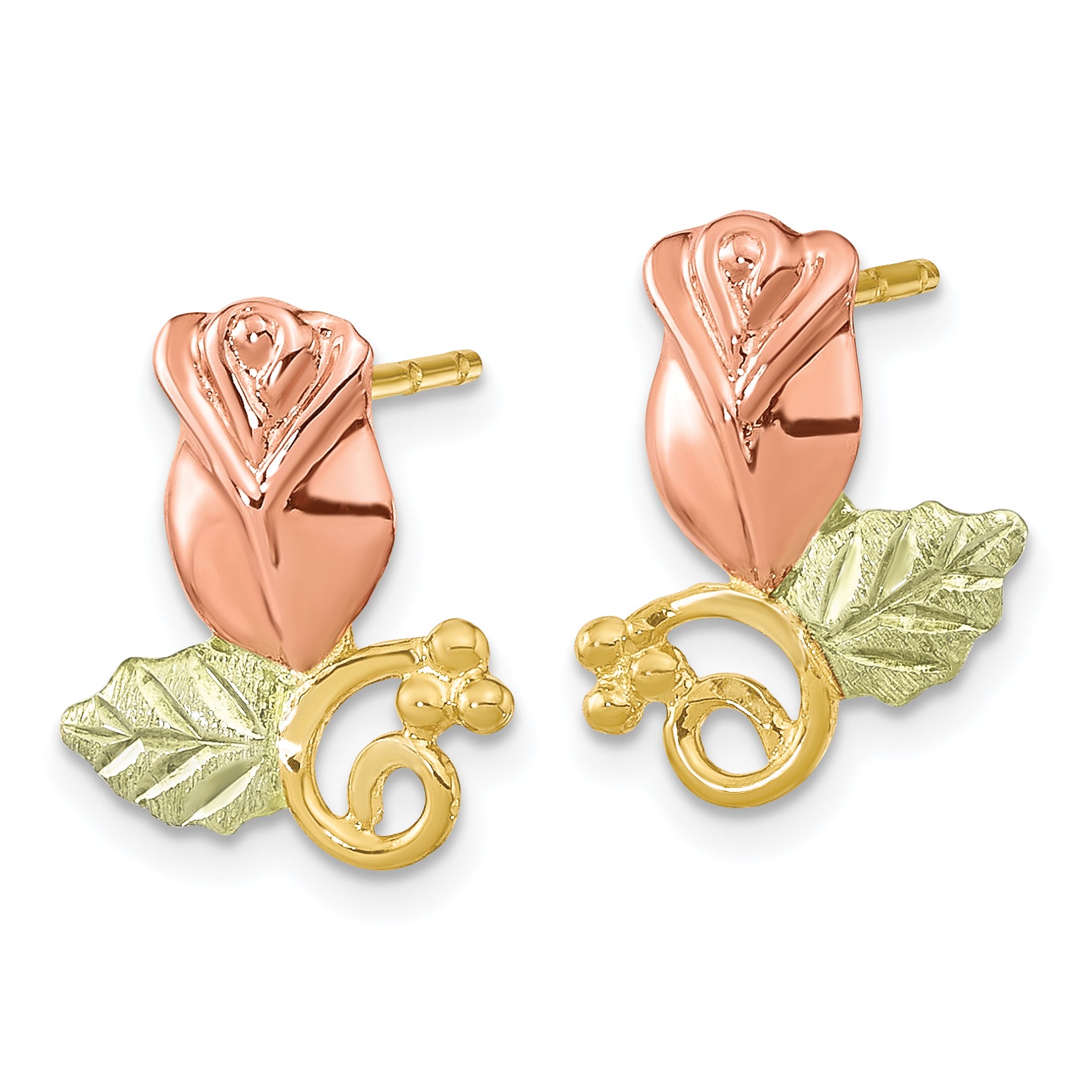 10K Tri-Color Gold Black Hills Rose Earrings with Diamond-Cut Finish Secondary image