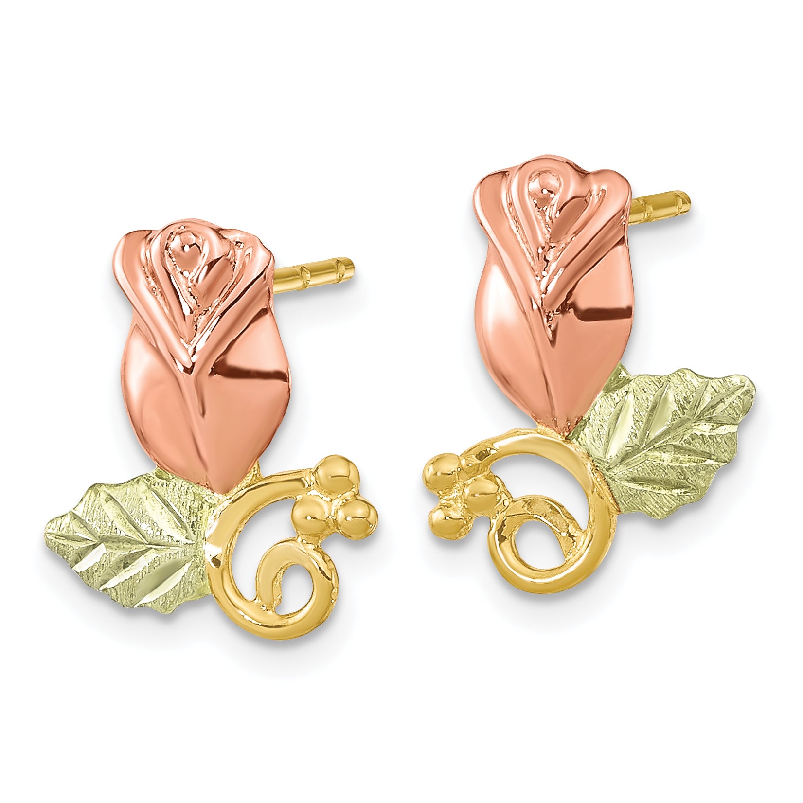 10k Tri-Color Black Hills Gold Rose Post Earrings