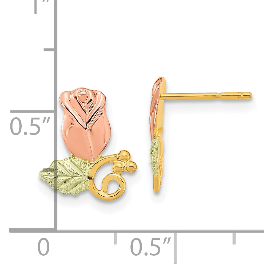 10K Tri-Color Gold Black Hills Rose Earrings with Diamond-Cut Finish