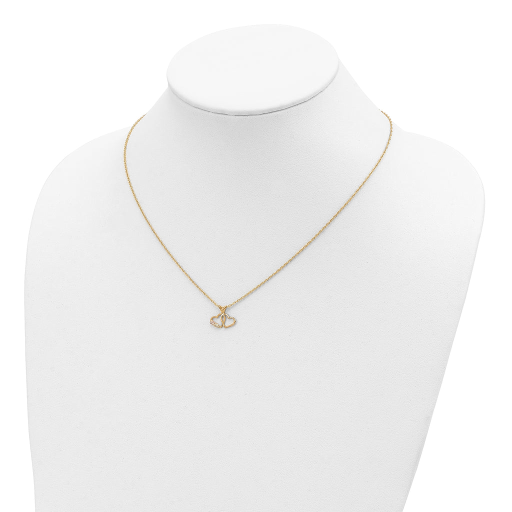 10K Tri-Color Gold Double Heart Necklace with Polished Finish