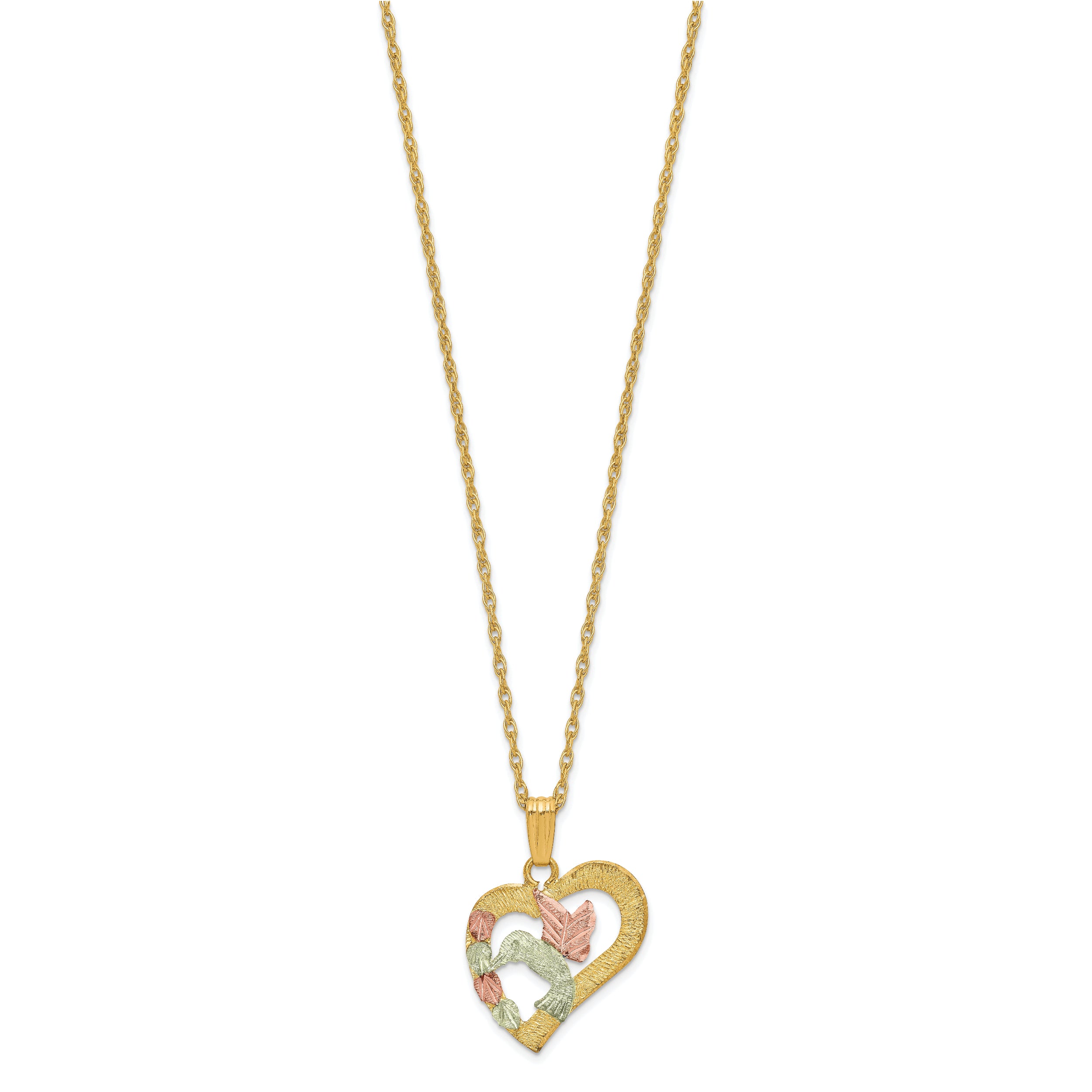 10K Tri-Color Gold Hummingbird Heart Necklace with Polished Black Hills Design