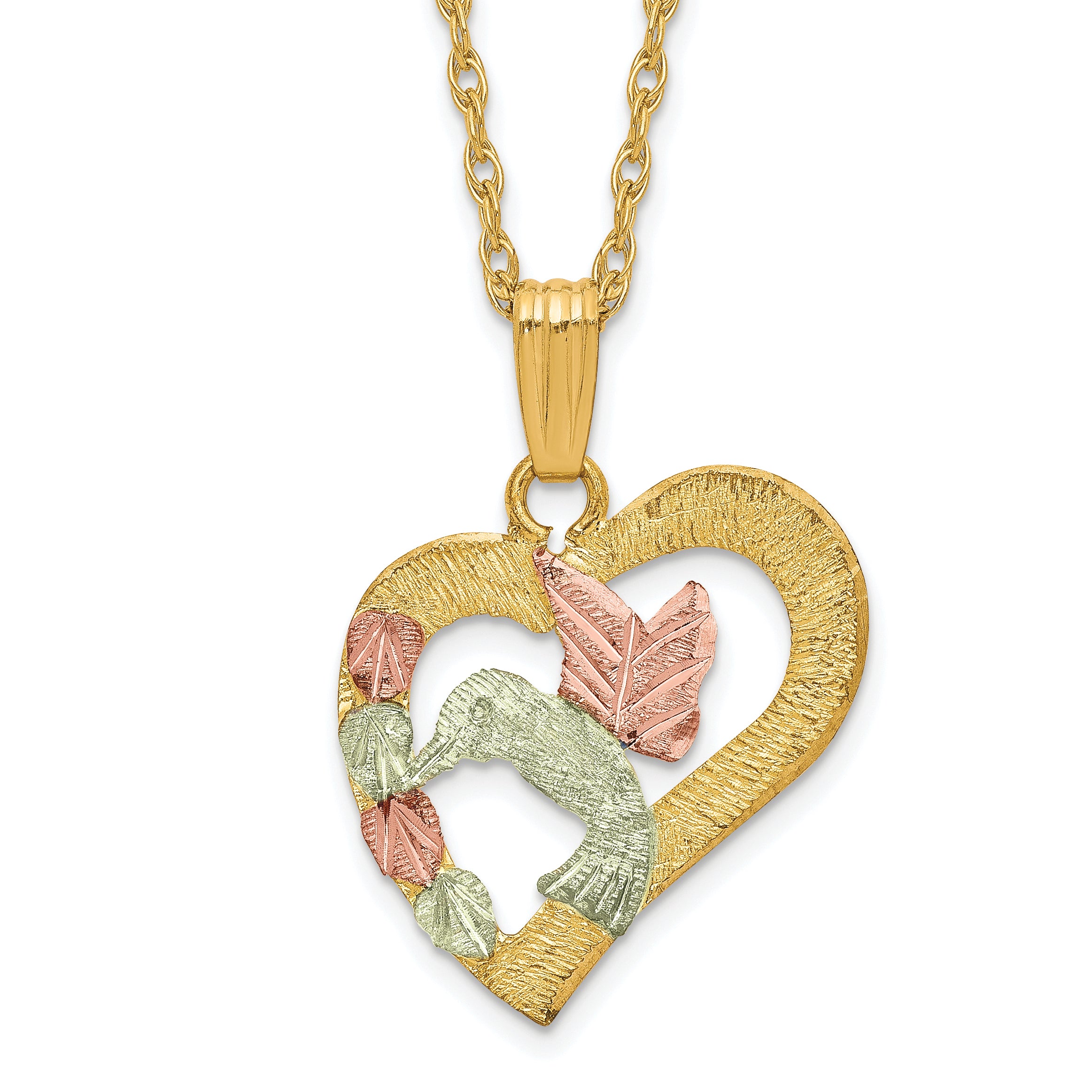 10k Tri-Color Black Hills Gold Hummingbird in Heart Necklace Main image