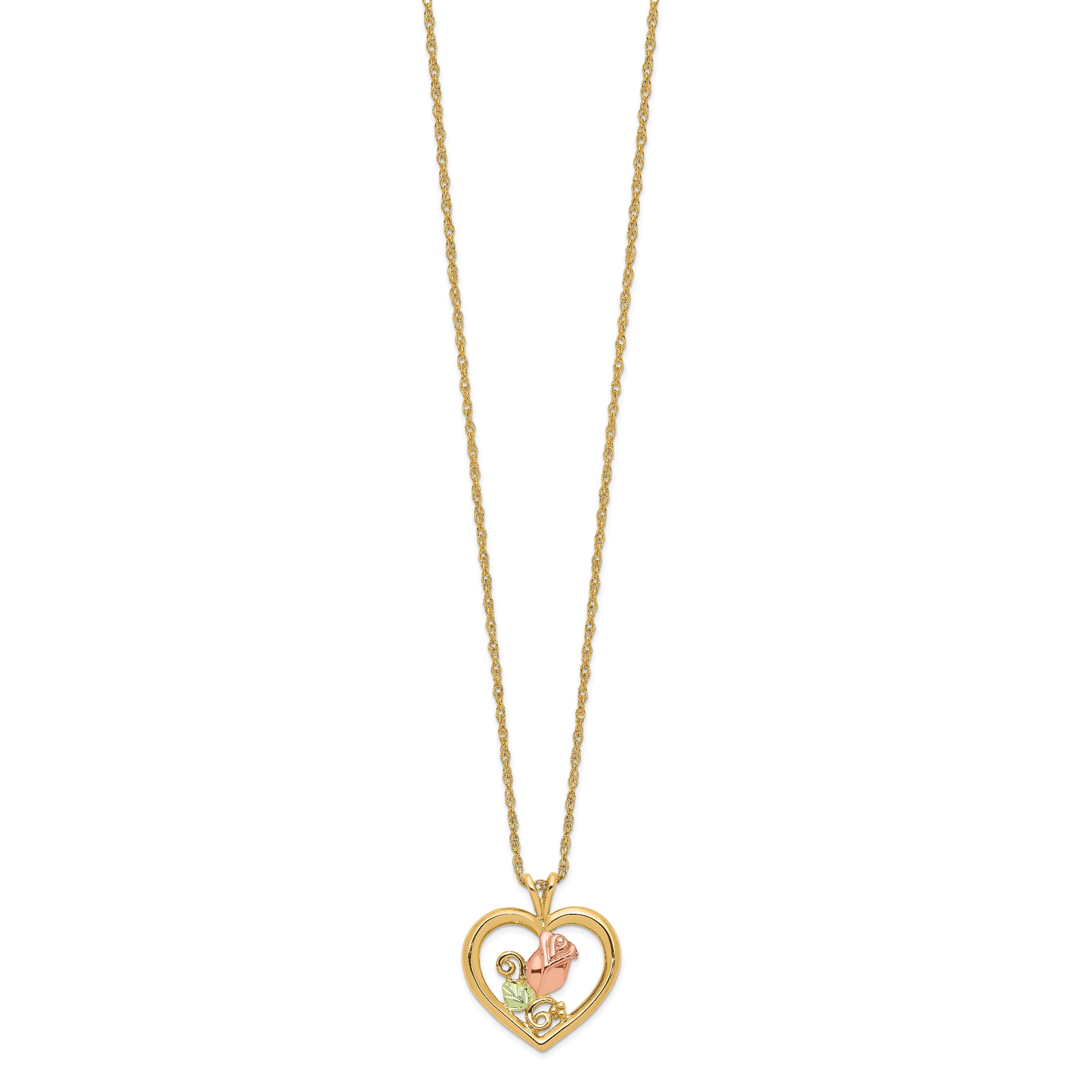 10K Tri-Color Black Hills Gold Heart Pendant Necklace Elegant Polished Design - 18
