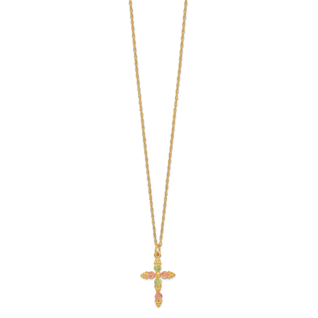 10K Tri-Color Black Hills Gold Cross Necklace with Polished Die-Struck Design