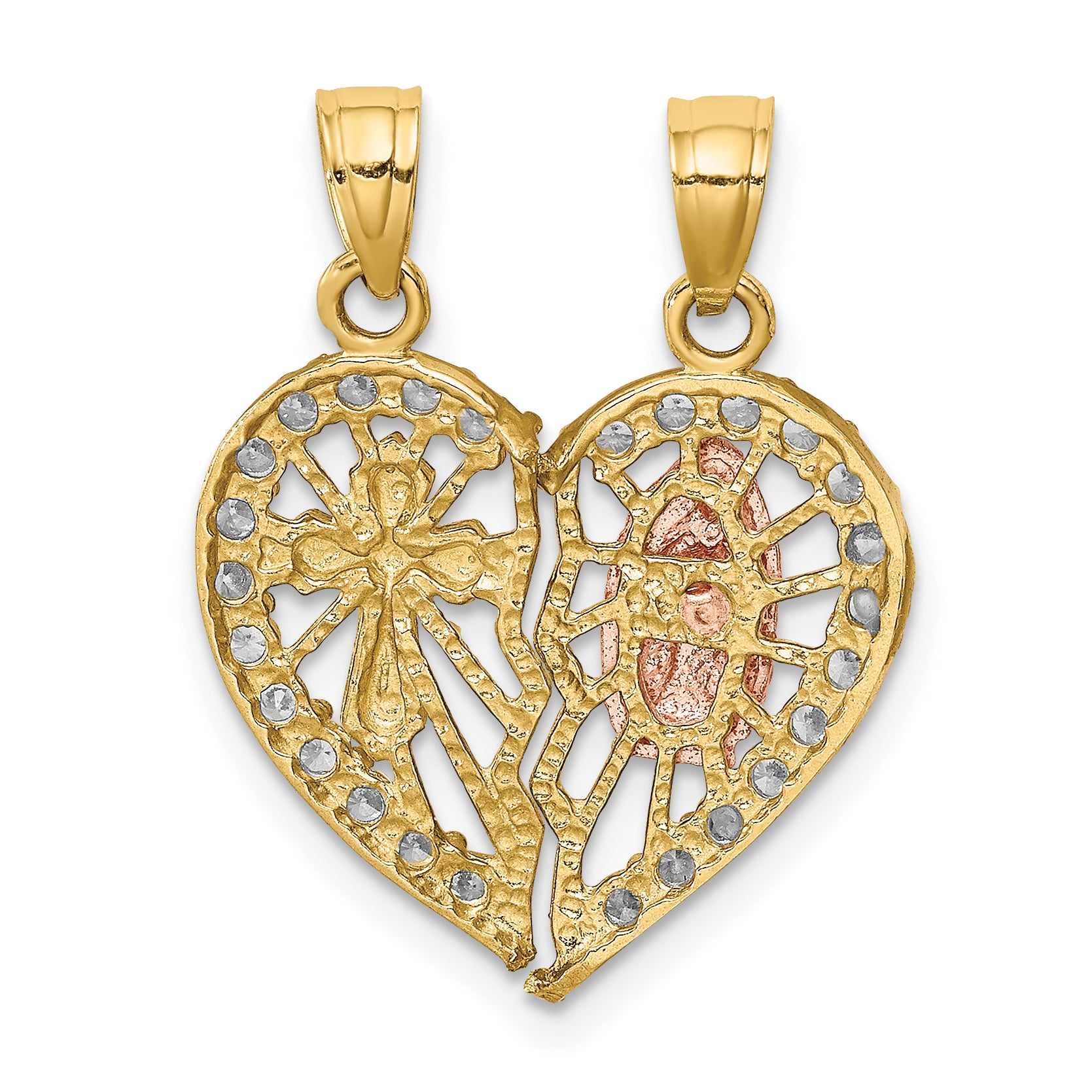 10K Two-Tone Gold Religious CZ Break-Apart Heart Pendant with Rhodium Accent