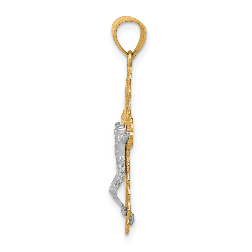10K Gold Crucifix Pendant with Rhodium Filigree Polished Finish