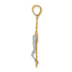 10K Gold Crucifix Pendant with Rhodium Filigree Polished Finish