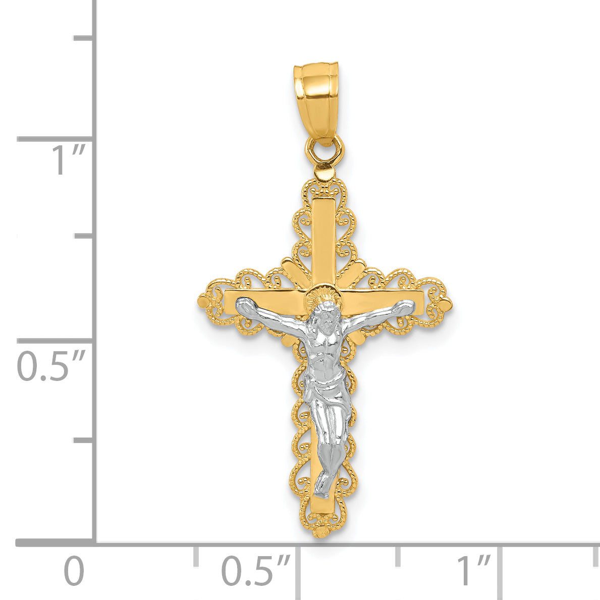 10K Gold Crucifix Pendant with Rhodium Filigree Polished Finish