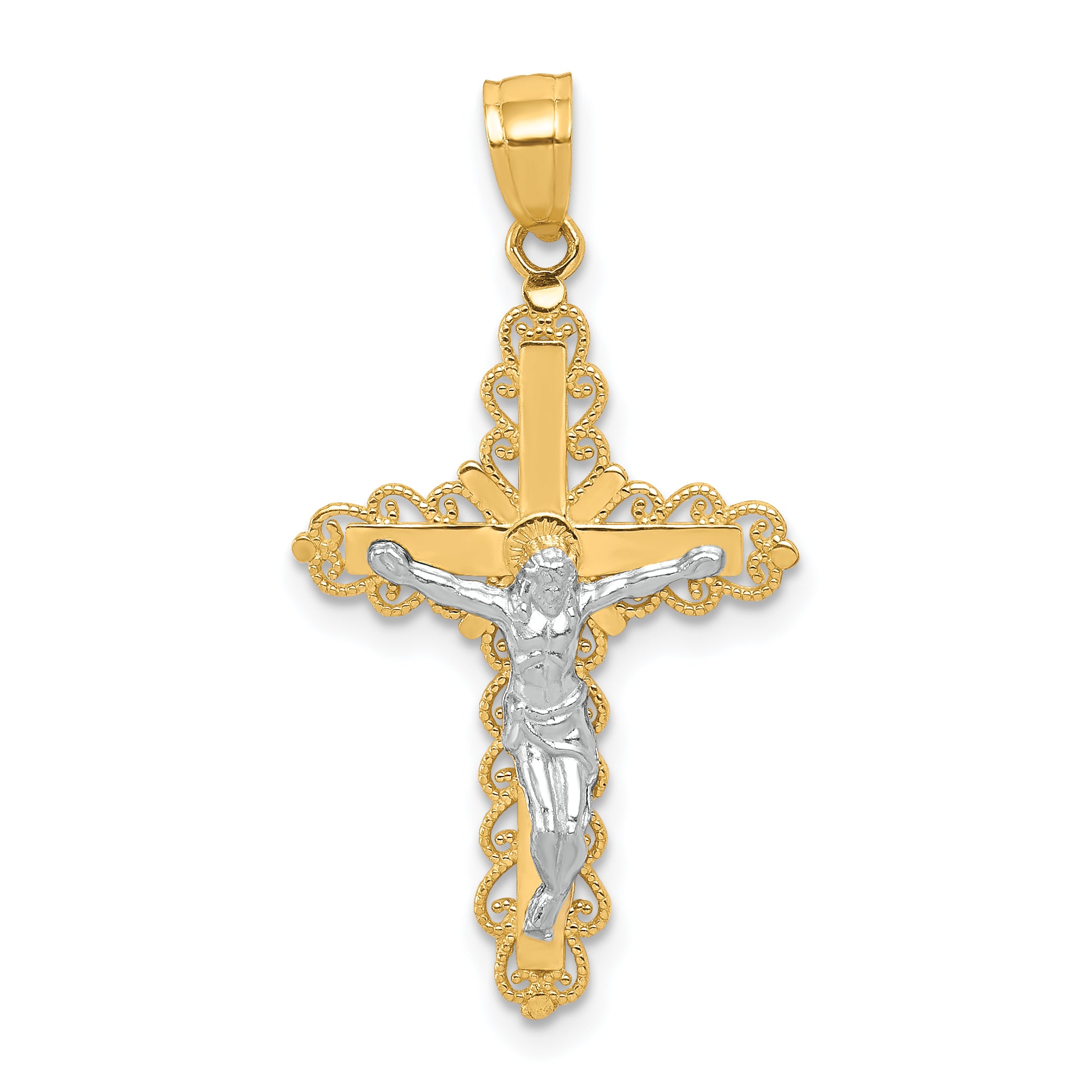 10K w/ Rhodium Filigree Crucifix Pendant Main image