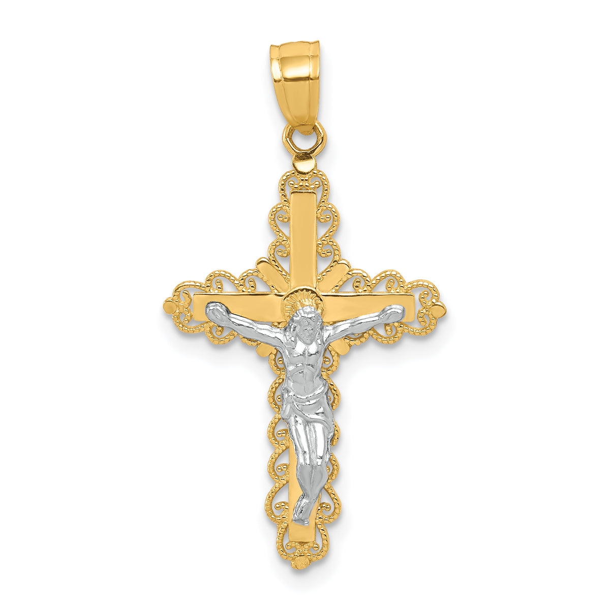 10K w/ Rhodium Filigree Crucifix Pendant