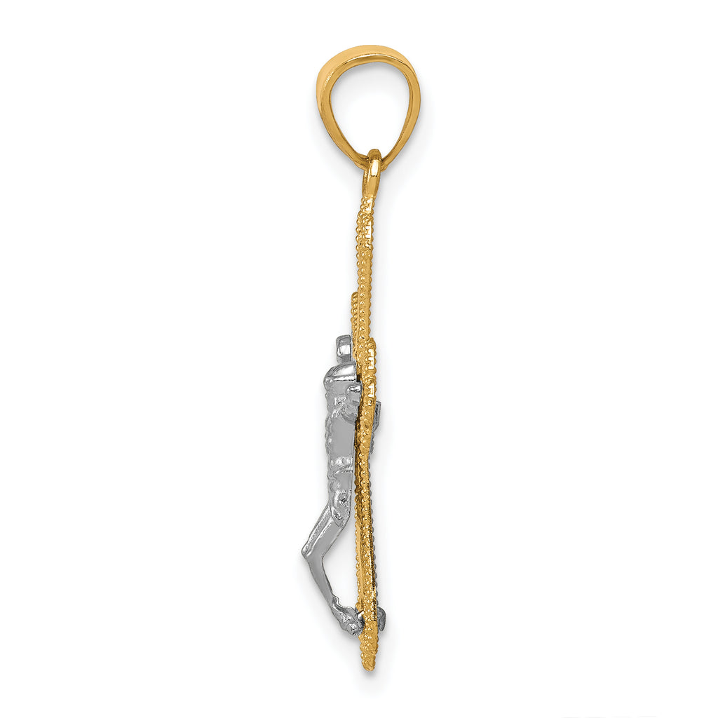 10K Gold Crucifix Pendant with Rhodium Filigree and Polished Finish