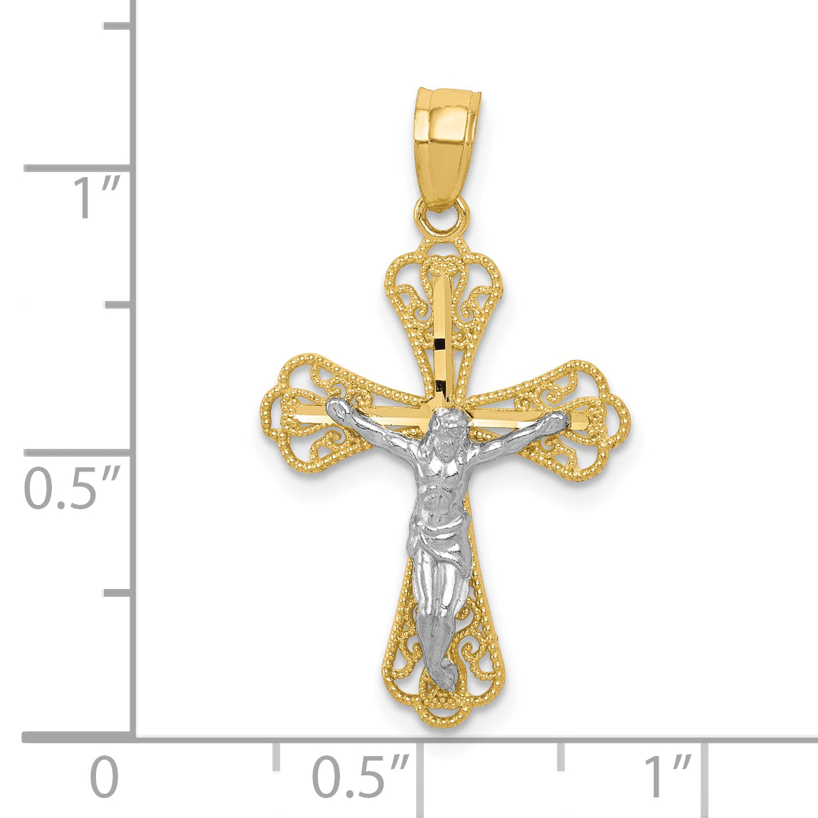 10K Gold Crucifix Pendant with Rhodium Filigree and Polished Finish