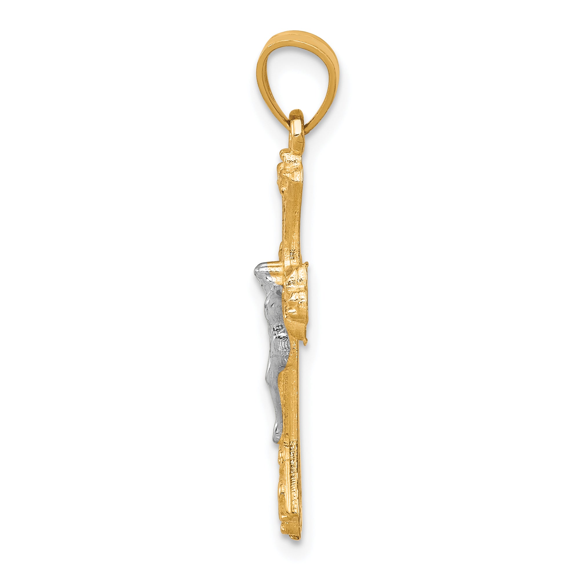 10K Gold Fleur De Lis Crucifix Pendant with Rhodium Accents Polished Finish