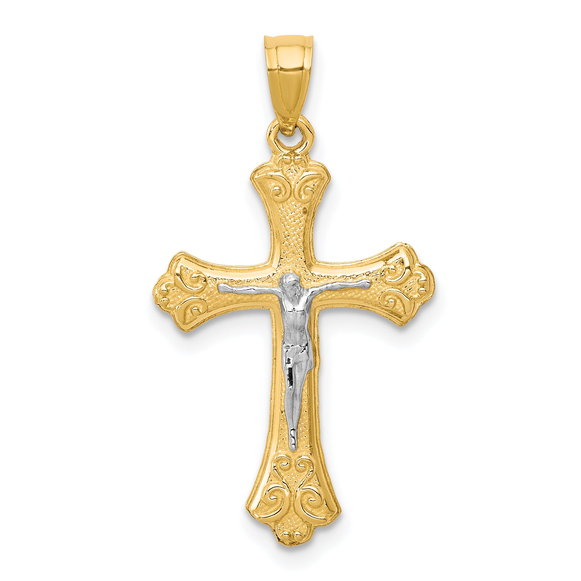 10K w/Rhodium Fleur De Lis Crucifix Pendant