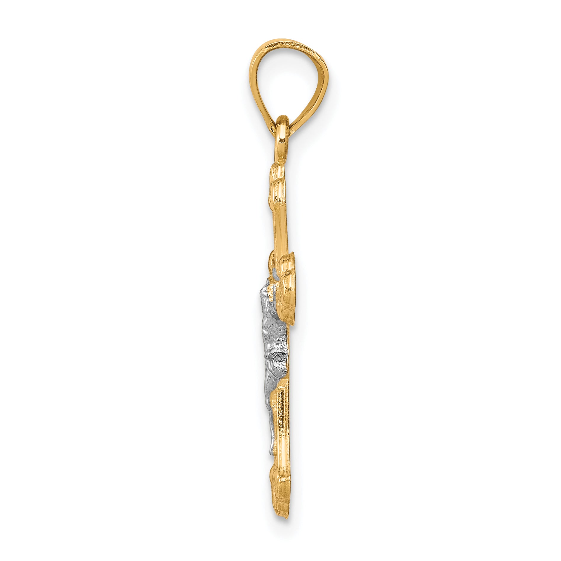 10K Gold Crucifix Pendant with Rhodium Accents and Polished Finish