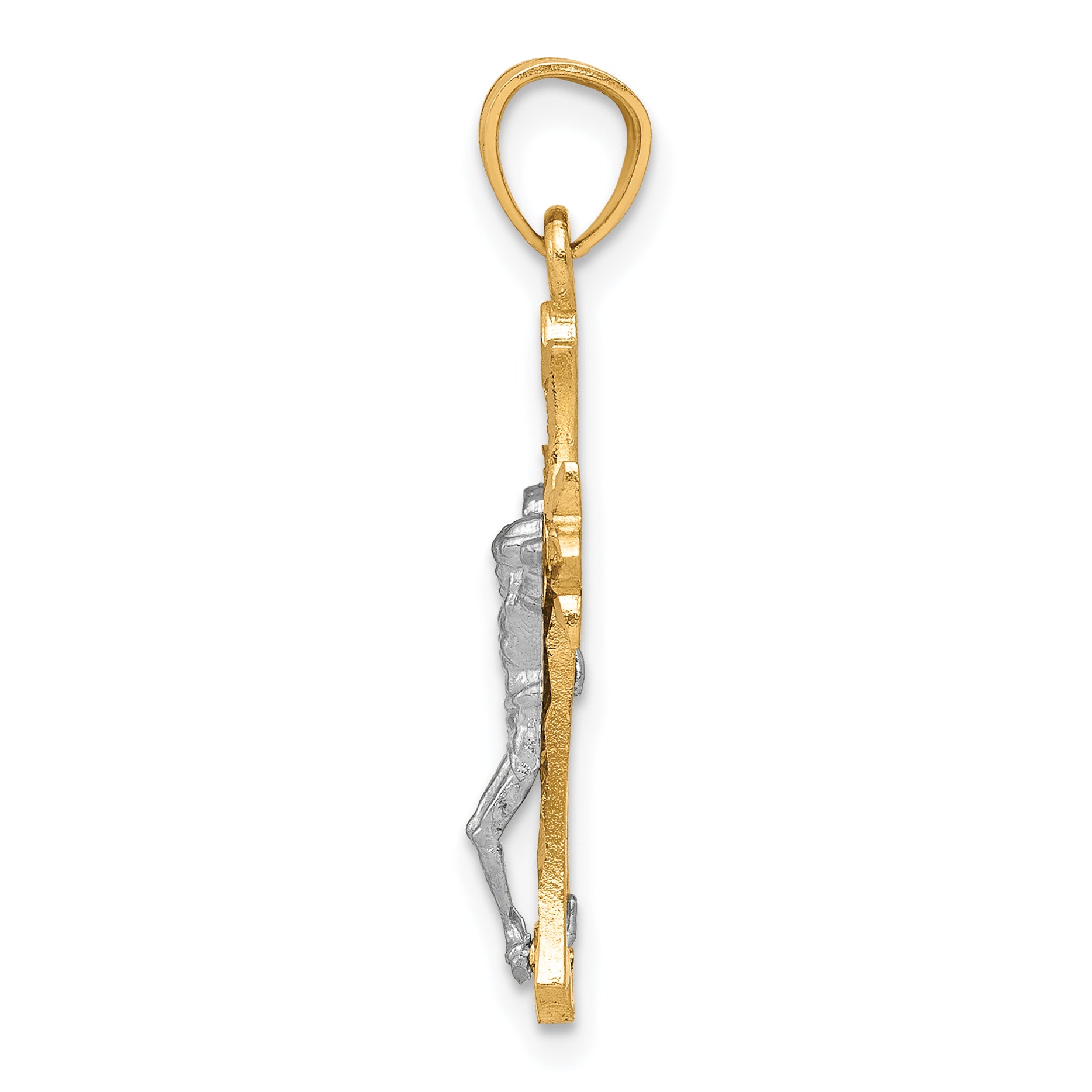 10K Gold Crucifix Pendant with Rhodium Filigree Polished Finish