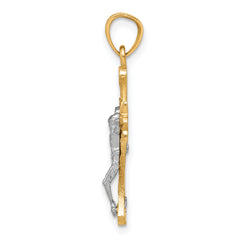 10K Gold Crucifix Pendant with Rhodium Filigree Polished Finish