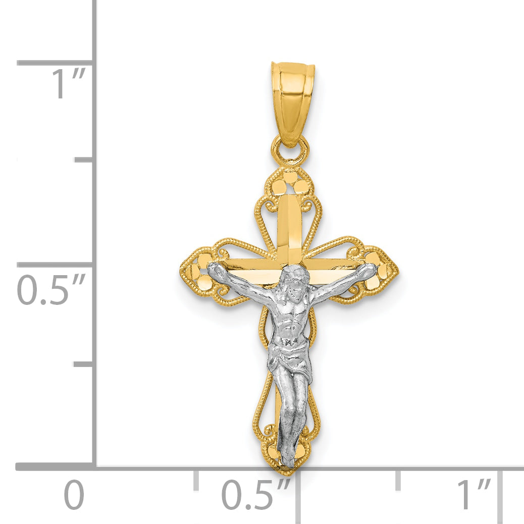 10K Gold Rhodium Filigree Crucifix Pendant Polished Elegant Finish