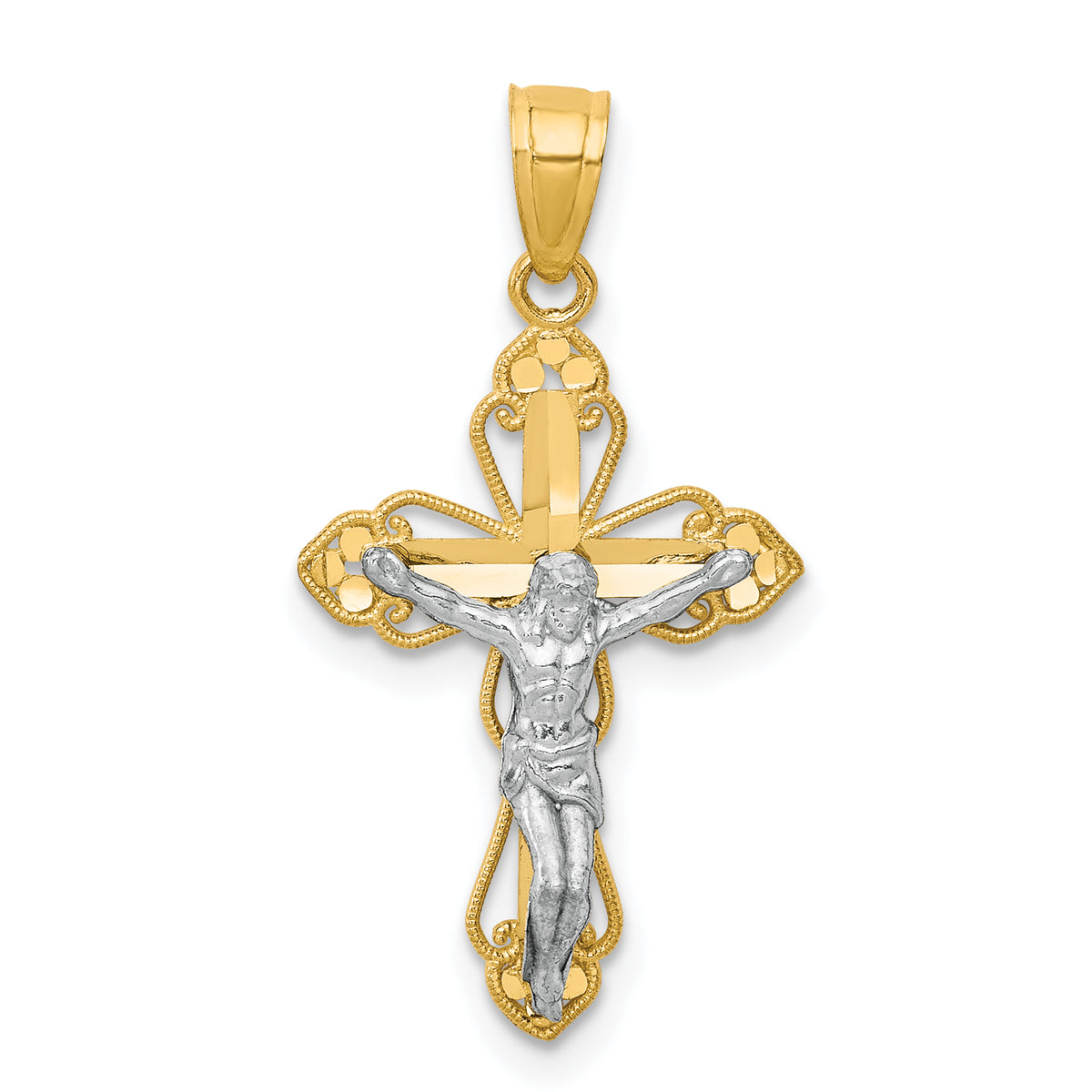 10K w/Rhodium Filigree Crucifix Pendant