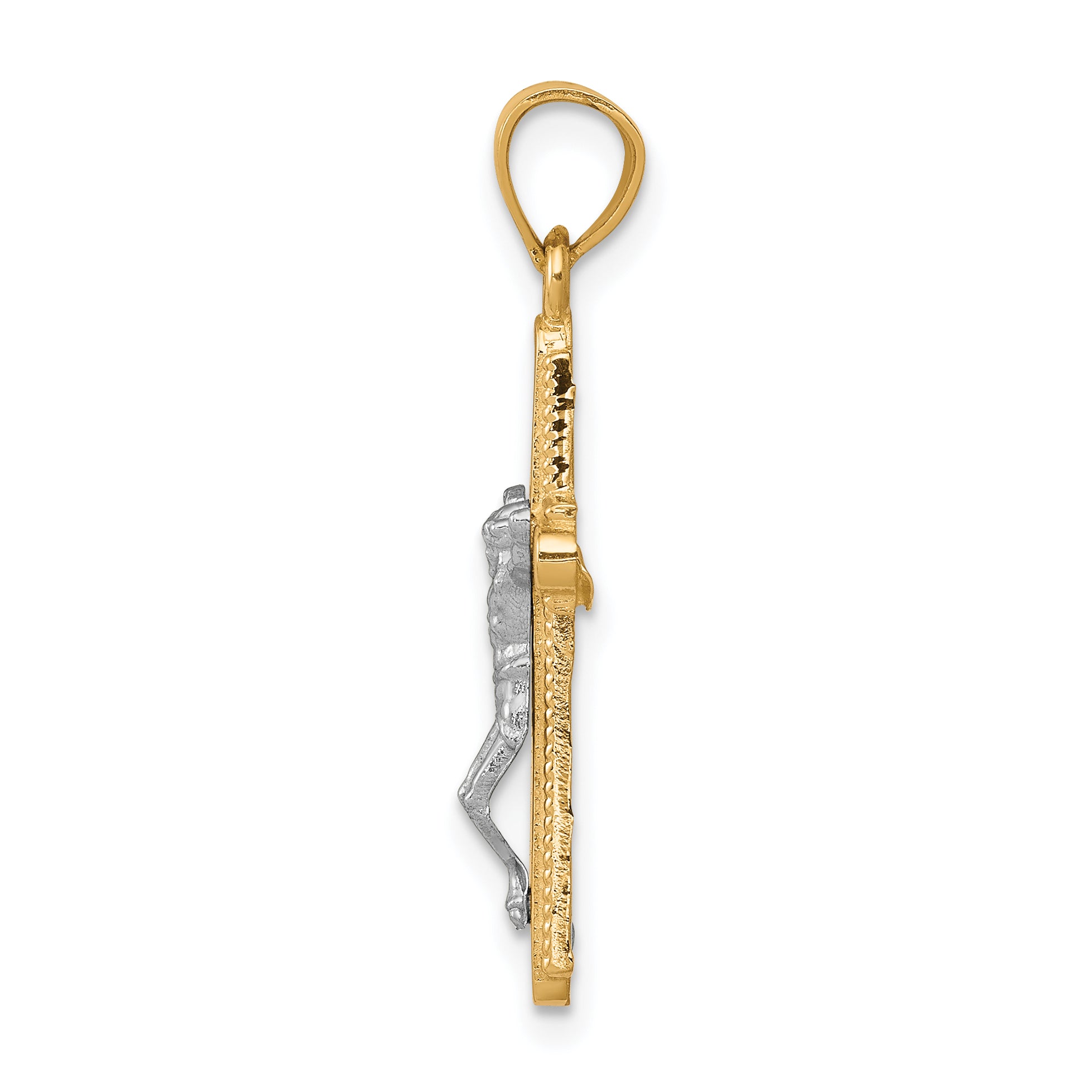 10K Gold Crucifix Pendant with Rhodium Accents, Polished Finish, 30mm