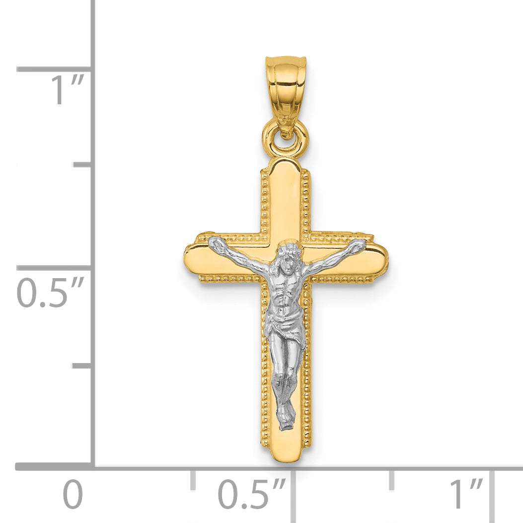 10K Gold Crucifix Pendant with Rhodium Accents, Polished Finish, 30mm
