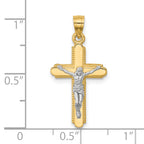 10K Gold Crucifix Pendant with Rhodium Accents, Polished Finish, 30mm