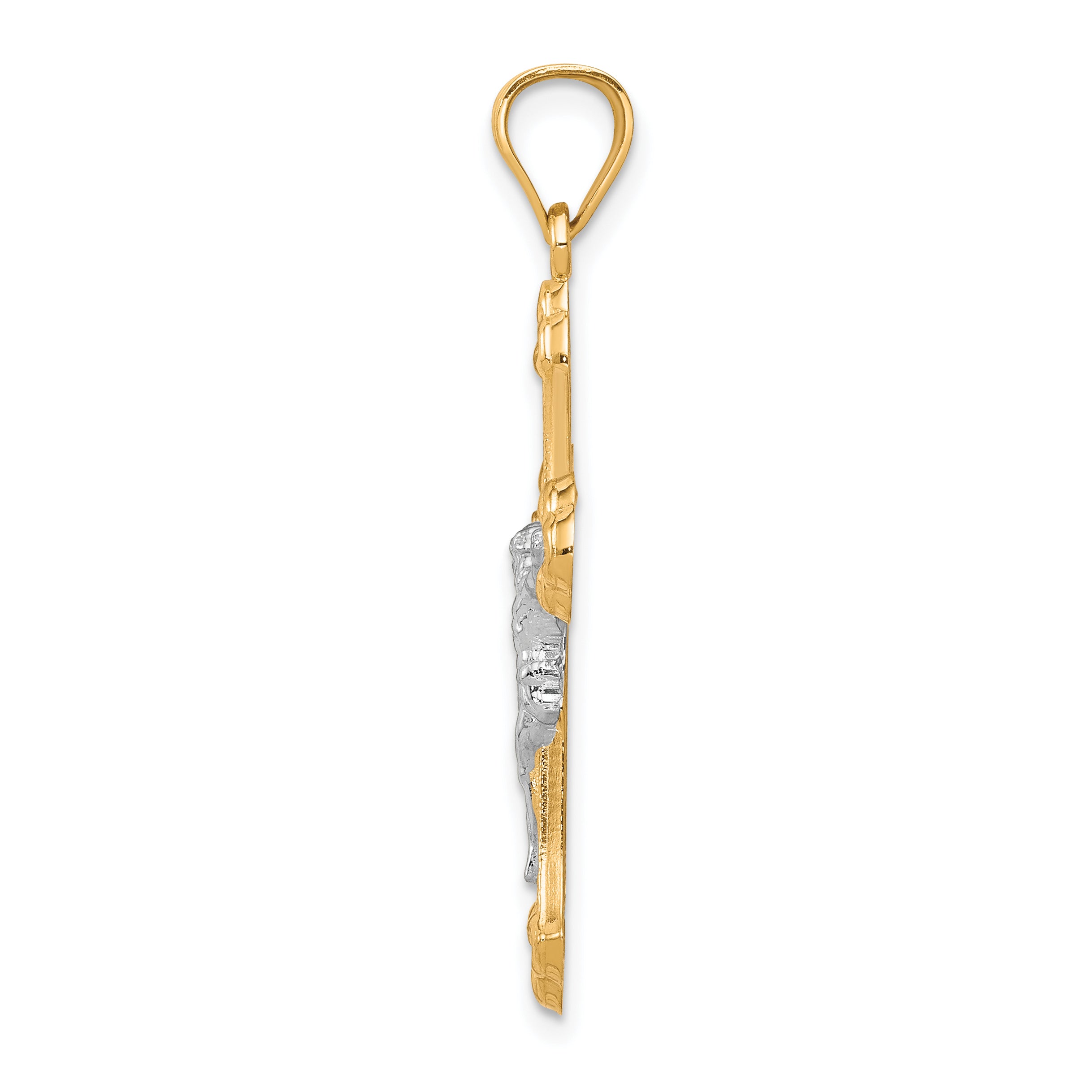 10K Gold Crucifix Pendant with Rhodium Accents, Polished Solid Design