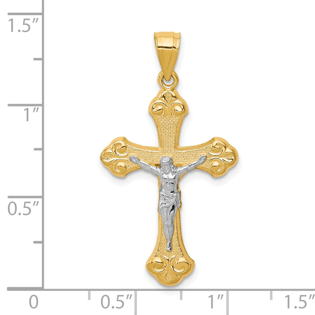 10K Gold Crucifix Pendant with Rhodium Accents, Polished Solid Design