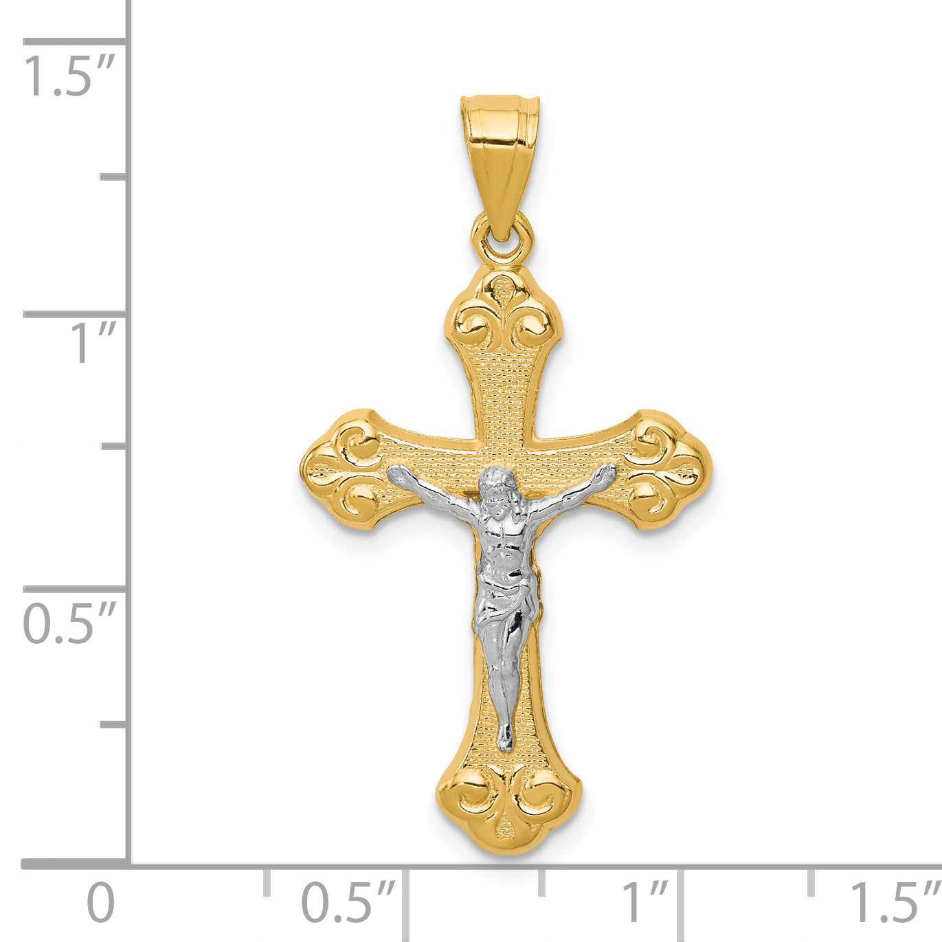 10K Gold Crucifix Pendant with Rhodium Accents, Polished Solid Design