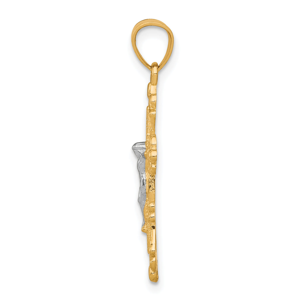 10K Gold Crucifix Pendant with Rhodium Accents, Polished Solid Design