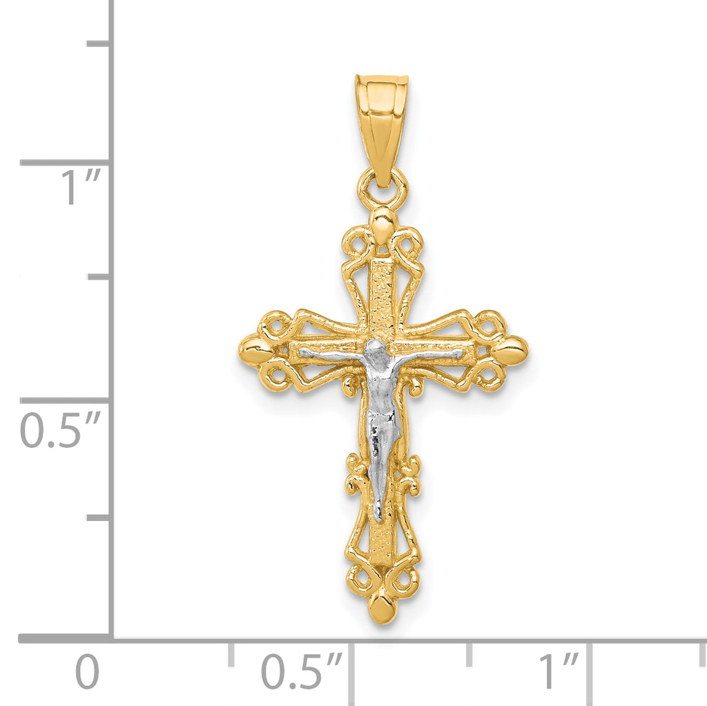 10K Gold Crucifix Pendant with Rhodium Accents, Polished Solid Design