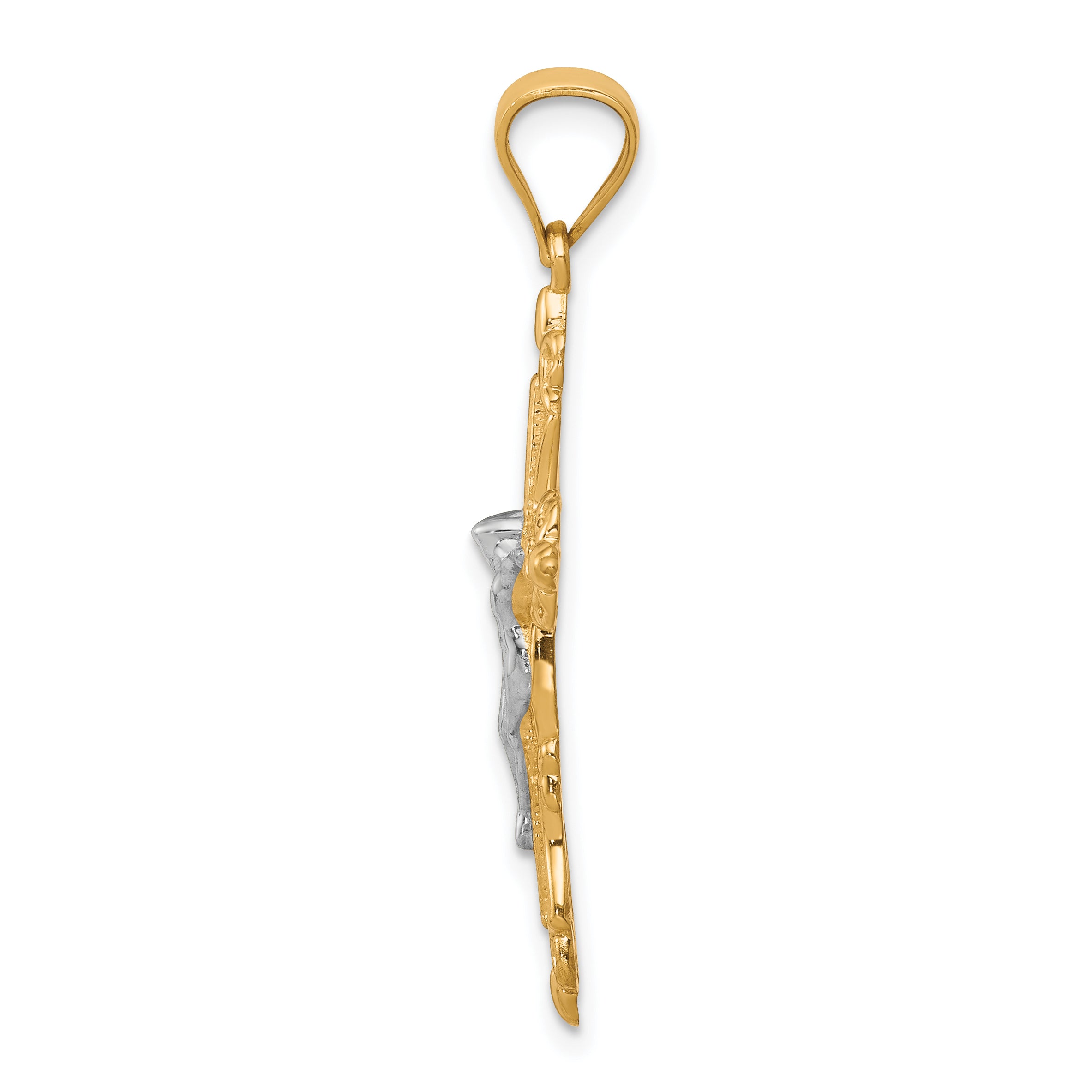 10K Gold Crucifix Pendant with Rhodium Accents, Polished Finish