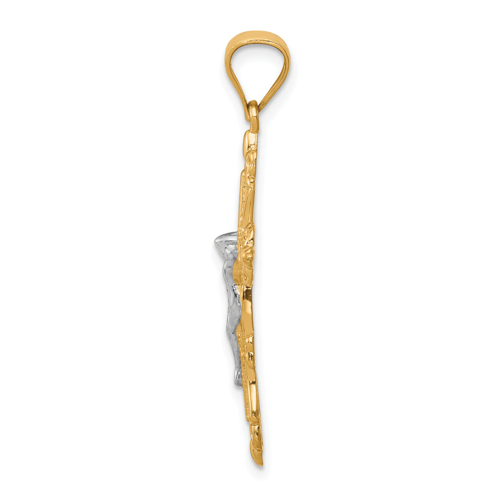 10K Gold Crucifix Pendant with Rhodium Accents, Polished Finish
