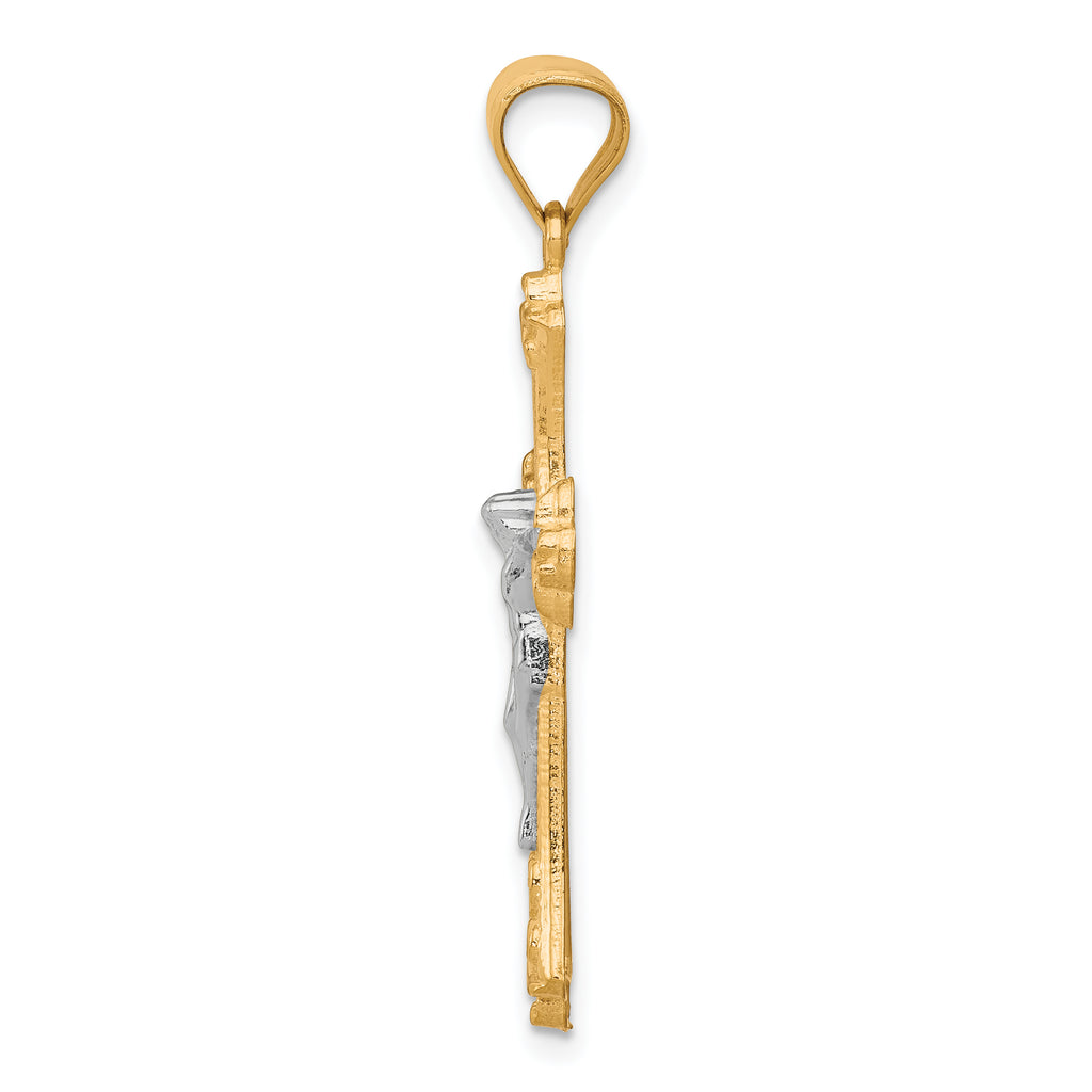 10K Gold Fleur De Lis Crucifix Pendant with Rhodium Accents, Polished Finish