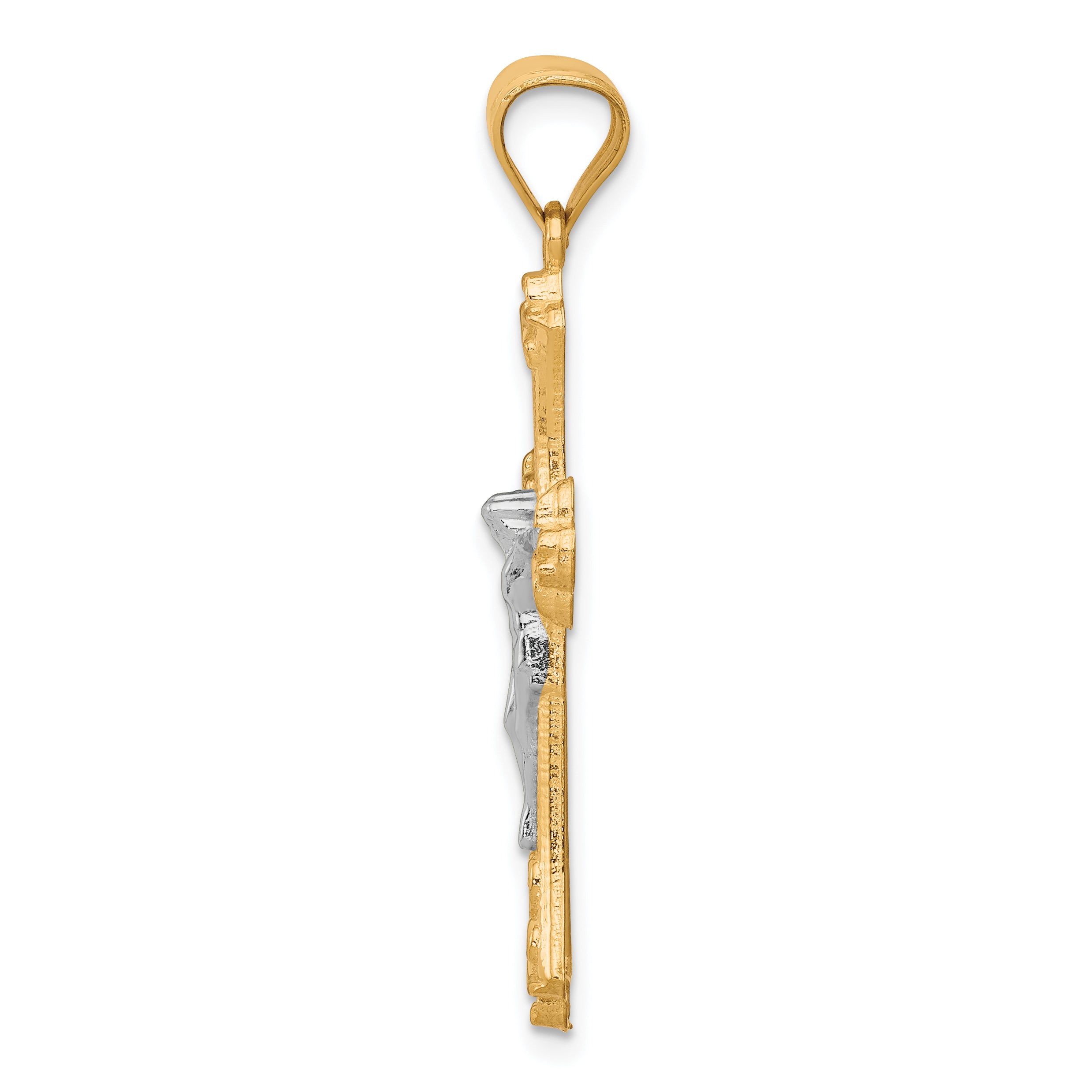 10K Gold Fleur De Lis Crucifix Pendant with Rhodium Accents, Polished Finish