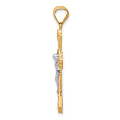 10K Gold Fleur De Lis Crucifix Pendant with Rhodium Accents, Polished Finish